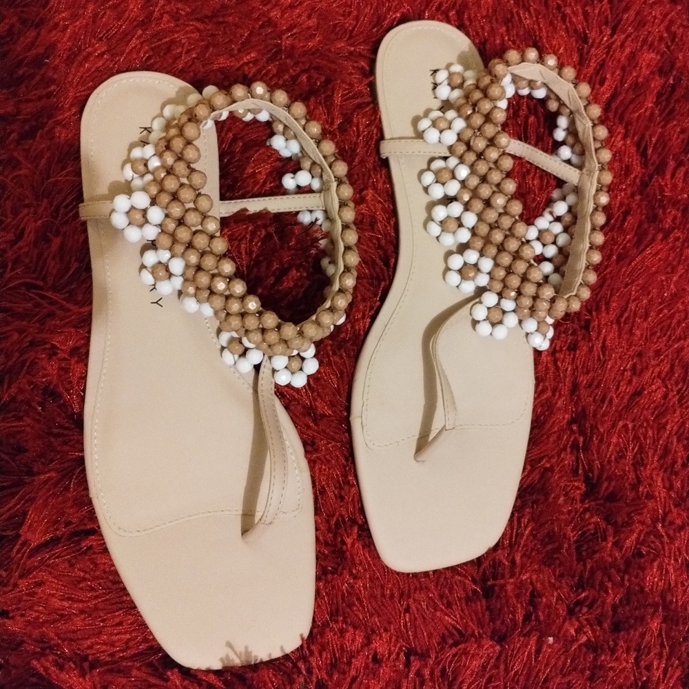 Katy Perry Collections Tan and White Pearl Embellished Sandals